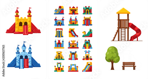 
Colorful inflatable bounce castle and kids playground set featuring slides, trampolines, towers and outdoor play equipment illustrations
