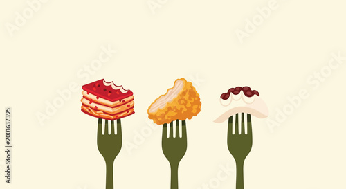 Forks with cake, fried chicken, pie, food icons, vector illustrations, eating utensils