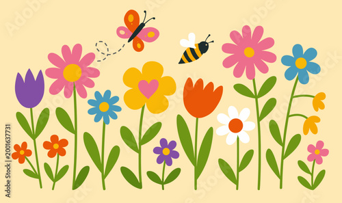 Colorful spring garden with flowers, tulips, daisy, butterfly and bee on a warm yellow background. Vibrant floral border illustration.