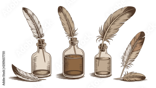 Vintage ink bottles with quill pens and loose feathers writing concept calligraphy stationery illustration