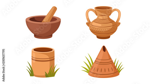 Four ancient pottery items including mortar vase containers with grass artifact container kitchenware