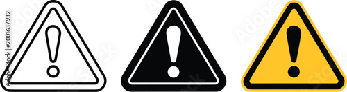Warning sign icon set, collection of caution symbols with exclamation marks on white background for safety alerts hazard notification and attention signage.