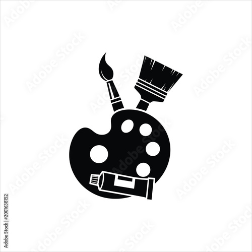 Art palette with brushes and paint tube for creative design isolated on white background