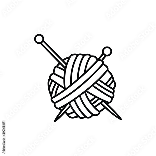 Ball of yarn with knitting needles crossed in a clean line art style isolated on white background
