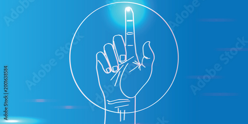 Neon purple hand with pointing finger in glowing circle, futuristic touch interface icon on dark backdrop, web banner template for app UI design style