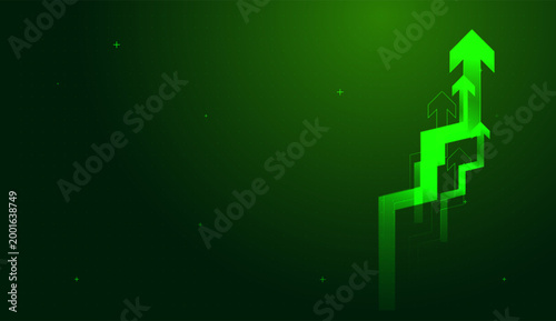 The glowing green arrow leads the way, acting as a visual metaphor for long-term success. and High-tech arrows visualize a sharp rise in market value, perfect for modern finance