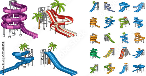 Isometric water park slide set featuring spiral, straight and multi-lane aqua attractions with palm trees in multiple color variations
