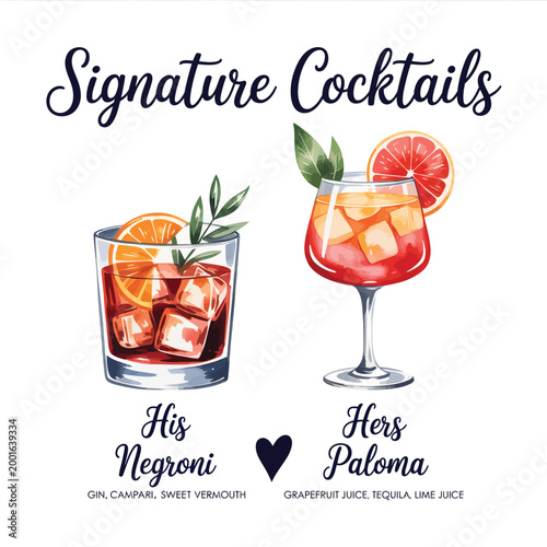 Fotografie signature cocktails illustrated in watercolor style high quality