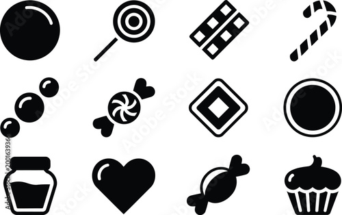 Black silhouette candy icons set a sweet collection of treats
