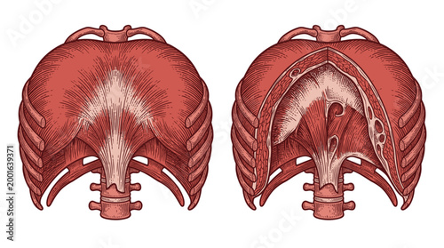 Anatomical illustration comparing the relaxed and contracted states of the human diaphragm and rib cage.