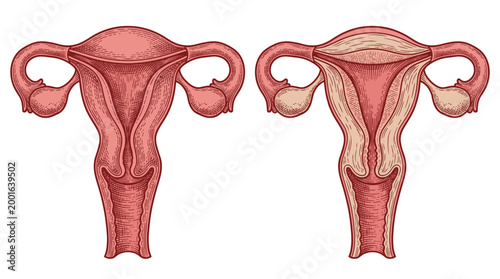 Comparison of a healthy uterus and a uterus affected by uterine fibroids, illustrating their growth and impact on the uterine lining.