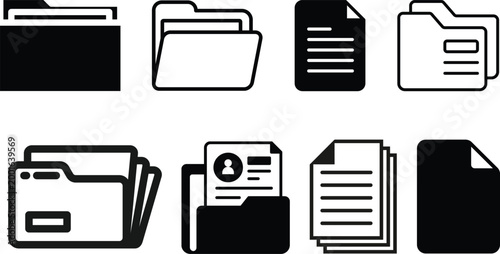 Document vector icon isolated vector graphic. Paper document page icon vector element. Agreement file symbol.Set of folders vector icons. Black linear open folder. Folder for storage document and file
