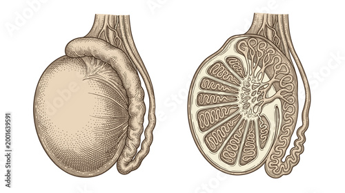 Anatomical illustration of the male testicle, showing an external view and a cross-section revealing internal structures like seminiferous tubules.