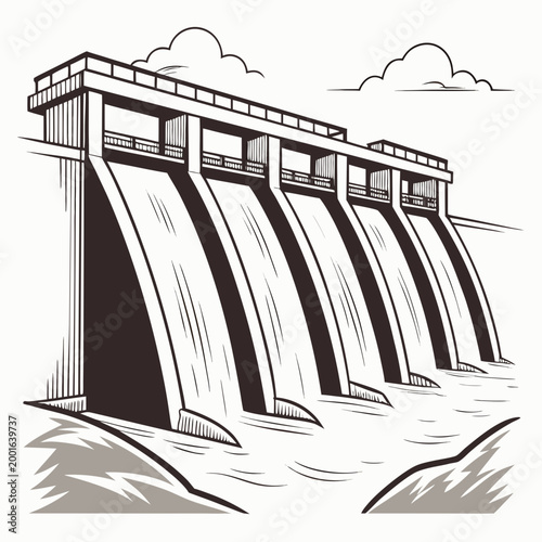 hydroelectric dam with cascading waterfalls and clouded sky high quality professional