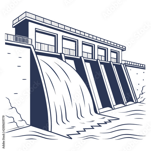 hydroelectric dam with flowing water illustrated in blue and white