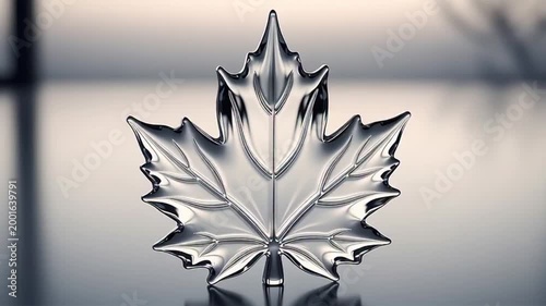 metallic maple leaf sculpture with reflective surface on blurred background