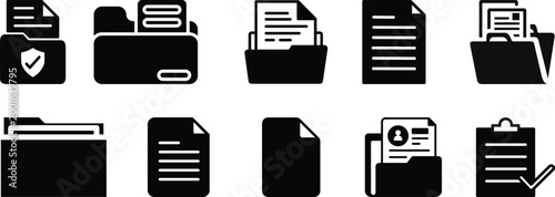 Document vector icon isolated vector graphic. Paper document page icon vector element. Agreement file symbol.Set of folders vector icons. Black linear open folder. Folder for storage document and file