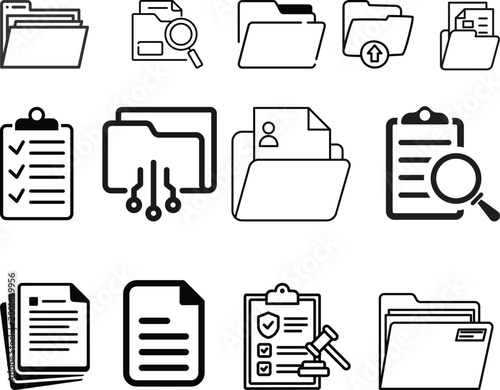 Document vector icon isolated vector graphic. Paper document page icon vector element. Agreement file symbol.Set of folders vector icons. Black linear open folder. Folder for storage document and file