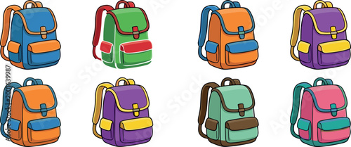 A colorful collection of eight cartoon school backpacks featuring various vibrant color combinations and pocket designs isolated on a clean white background.