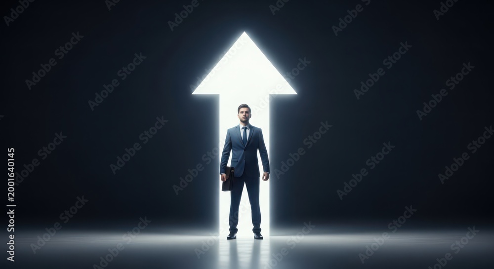 Fototapeta premium Ambitious businessman standing confidently within a glowing upward arrow symbolizing career growth and future success