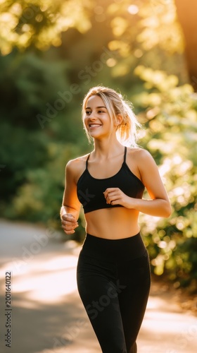 A young woman jogs along a sunlit path surrounded by lush greenery and joyful energy