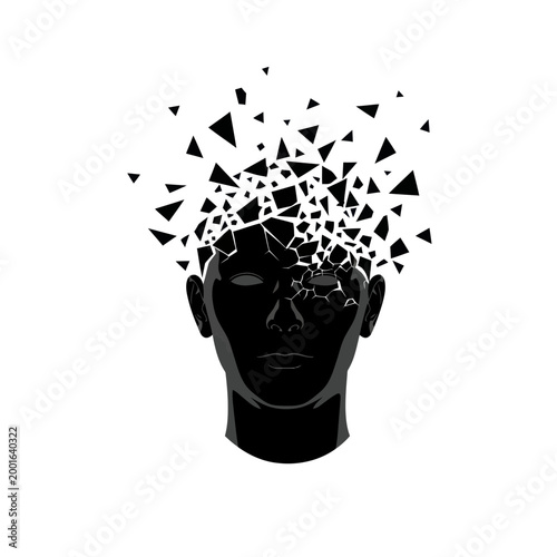 Abstract Human Head Exploding into Geometric Fragments, Mental Breakdown Concept
