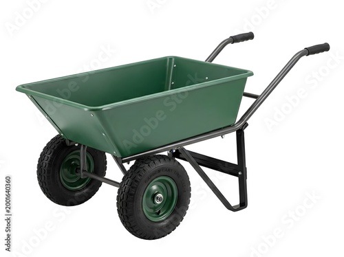 A green wheelbarrow sits ready for use. It has two wheels and a sturdy frame. It is used for moving soil, plants, or tools in gardens or on job sites