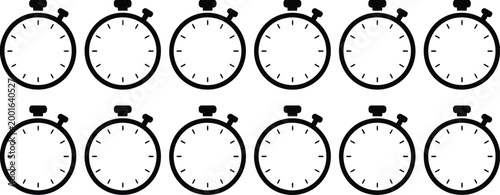 Vector, stopwatch and timer set with multiple countdown durations, featuring timer countdown icons, cooking timer illustrations, sport chronometer symbols, and time interval graphics for modern and