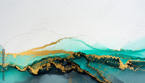 Abstract fluid art with teal and gold colors.