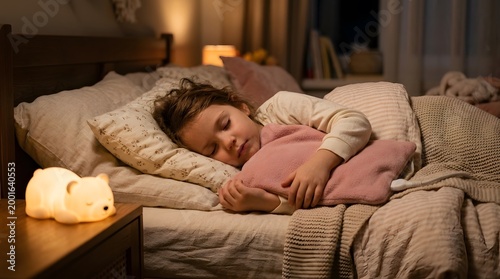A young child lays in bed under soft blankets with a small pillow. A nightlight glows nearby, creating a warm feel in the cozy room at night