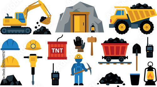 A comprehensive collection of cartoon mining illustrations featuring heavy machinery, excavators, dump trucks, miners, safety gear, and industrial equipment isolated on a white background.