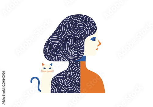 考える女性と見守る猫の静かなアートイラスト