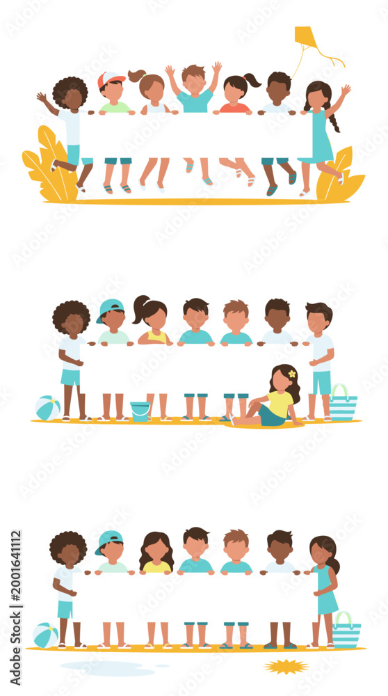 Fototapeta premium Diverse group of happy children of various ethnicities holding a blank banner on a sunny day, celebrating childhood and unity.
