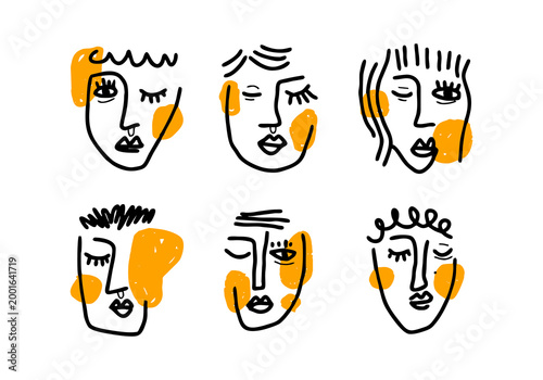 Abstract minimalist face illustration set featuring six hand drawn female portraits