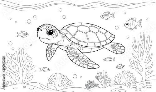 Cute sea turtle swimming underwater with small fish and coral reef on transparent background.