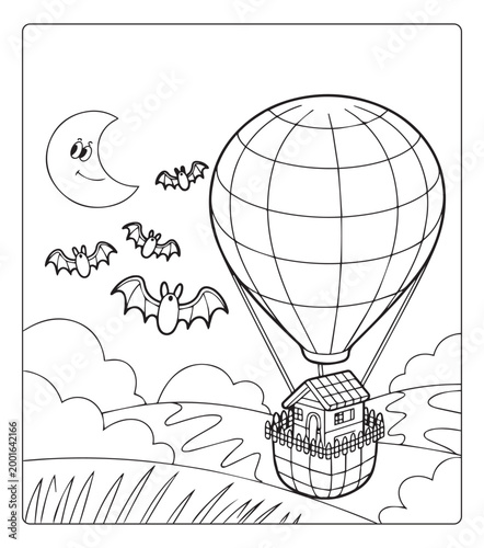 Halloween coloring page for kids of horror hunted house in jungle vector line art book design