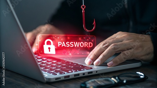 Phishing attack concept: Hands typing password on laptop with fishing hook overlay