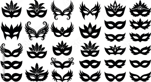 A comprehensive collection of thirty elegant black masquerade mask silhouettes featuring various ornate designs, feathers, and decorative patterns isolated on a clean white background.