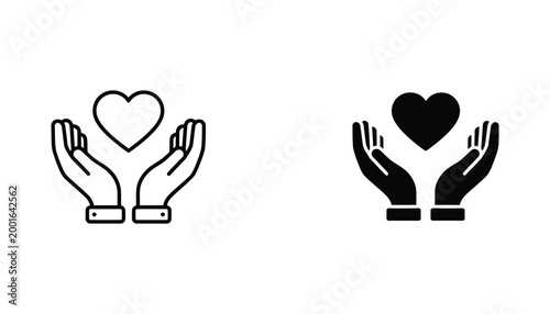 Charity heart in open hands icon set representing care and support in outline and solid black silhouette vector formats for social welfare and healthcare branding