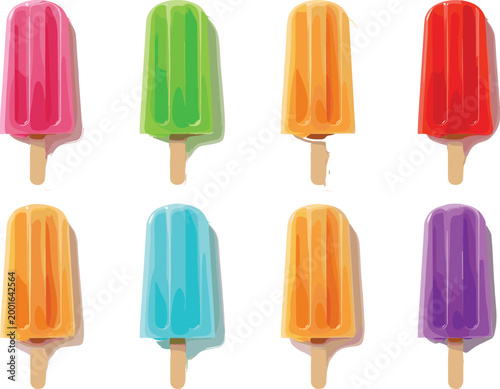 Colorful ice cream popsicles set with glossy melting effect summer frozen dessert collection bright fruity flavors vector illustration isolated