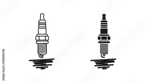 Automotive spark plug icon set featuring outline and black solid variations for car repair shop and engine maintenance service branding