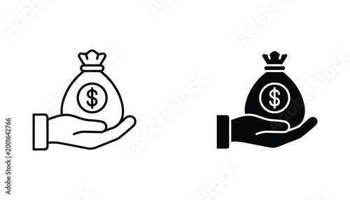 Hand holding money bag with dollar sign icon set in outline and solid black style for financial banking and investment services graphics