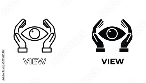 Eye view icon with hands cupped around for vision protection and security monitoring concepts in minimalist black and white vector graphic style