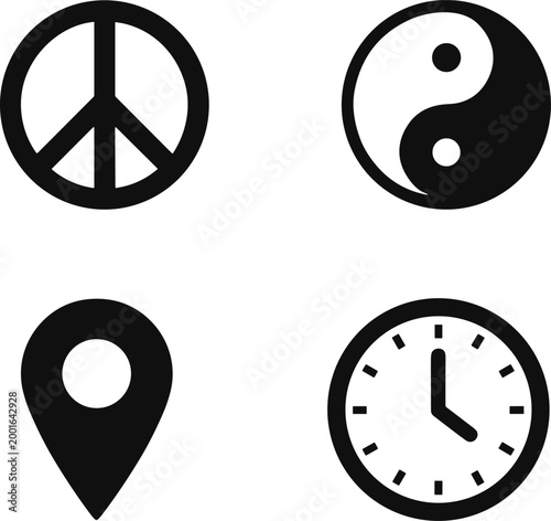Title:
Black icons set featuring peace sign, yin yang, location pin, and clock symbol for cultural balance and universal design