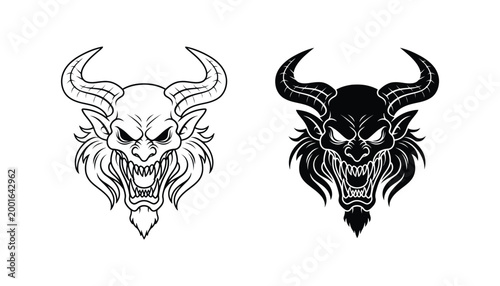 Devil demon head mascot logo design with sharp horns and aggressive expression in outline and solid black vector styles for gaming or sports branding