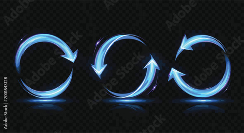 Glowing blue circular arrows loop set neon rotation refresh cycle icons abstract energy swirl vector illustration isolated