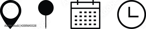 A set of four minimalist icons representing time and location in a clean black and white style. The collection includes a location pin, a map tack, a calendar, and a clock for scheduling and logistics