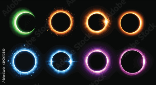 Glowing energy rings set neon magic circles fire electric light portals abstract effect collection vector illustration