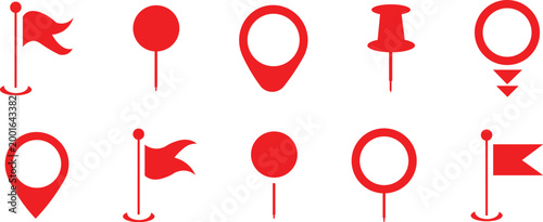 A collection of ten minimalist location and marker icons in a bold red color. The set features various styles of map pins, flags, and pushpins, providing a versatile range of symbols for navigation.