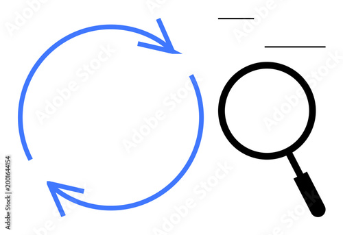 Search concept. Magnifying glass and circular arrows analyzing and iterative processes. Search highlights discovering methods, process improvement, and system evaluations. Ideal for workflow